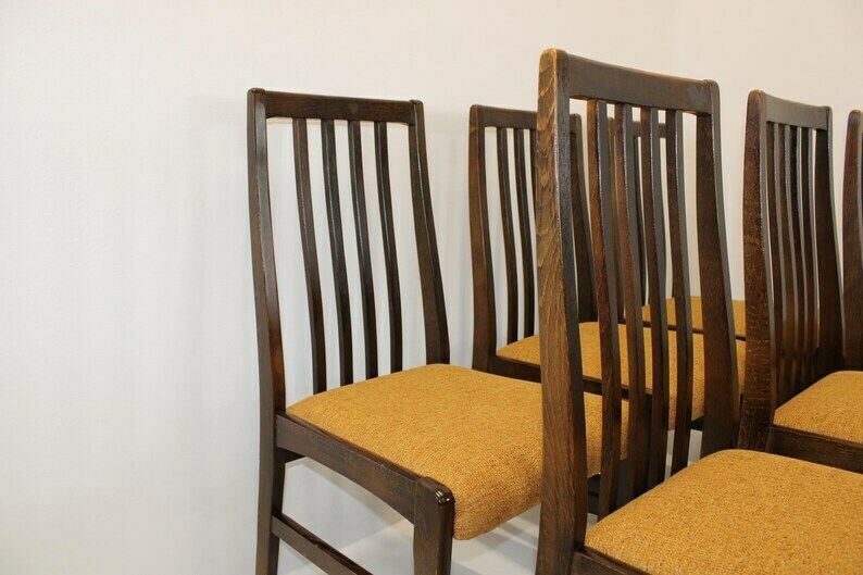 Set Of 6 Wooden Dining Chairs/Mid Century Dine Set 70s/Chairs With Ocher Upholstered Seat/Vintage High Back Dining Chairs photo buy