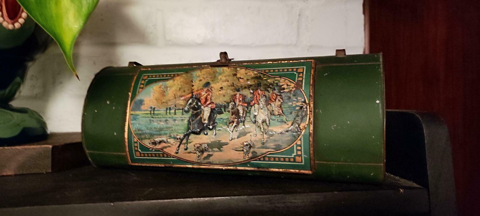 photo for sale Antique French Tin Botanical Vasculum, Plant Specimen Storage Bag Embossed Tin Box