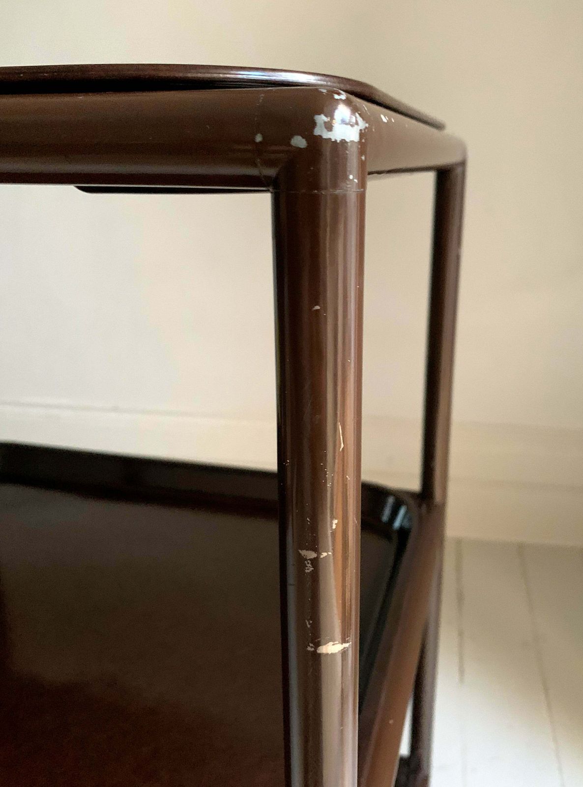 photo vinterior Mid Century Modern Three Tier Trolley W/ Bakelite Removable Trays In Chocolate Brown