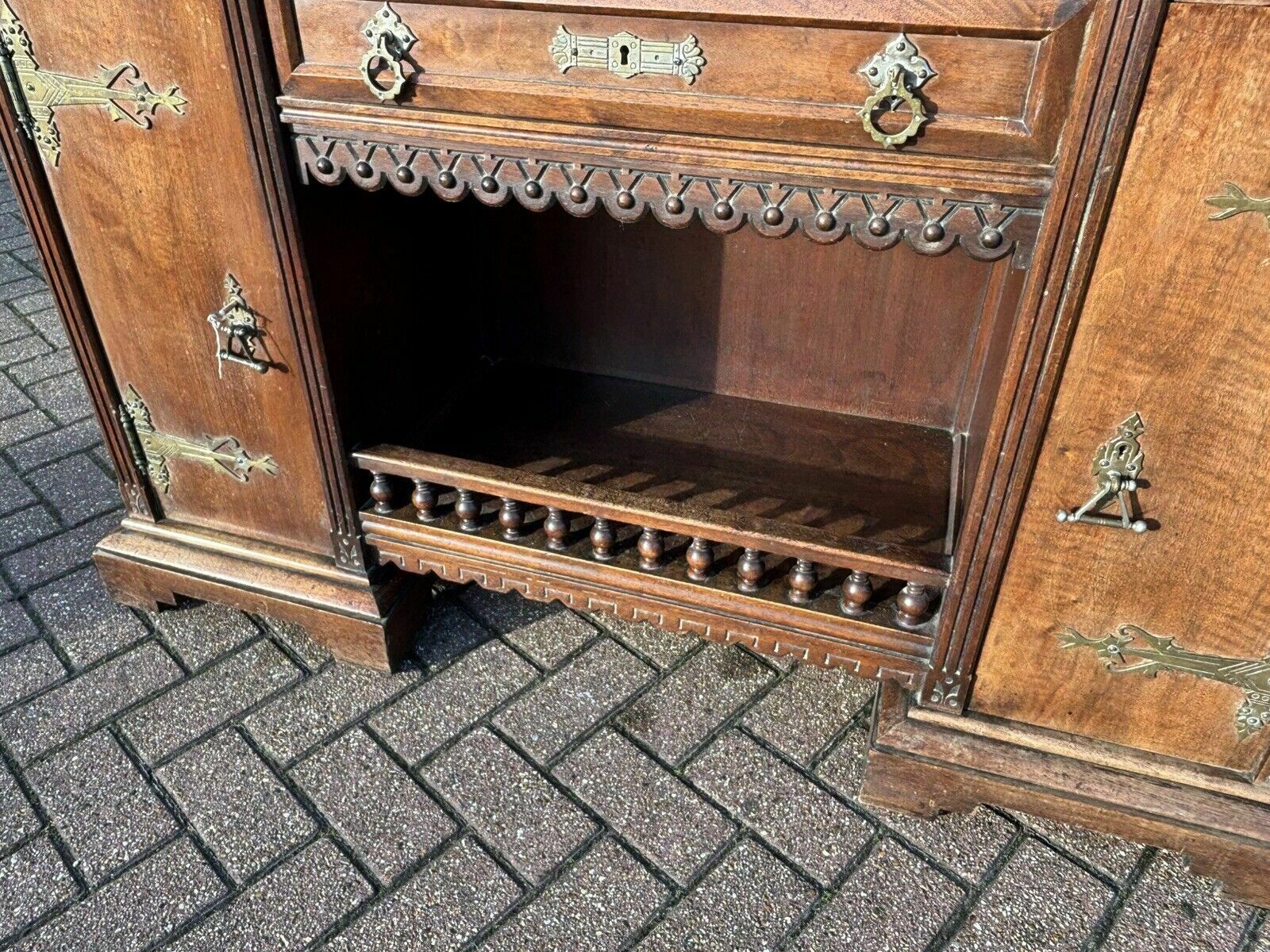 955.0 Arts & Crafts French Walnut Bookcase / Cupboard With Fitted Shelves & Drawers photo