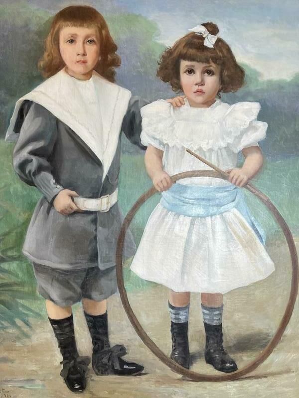 Huile Sur Toile Cyprien Boulet Portrait D'enfants photo for sale
