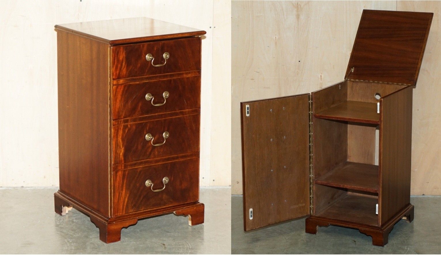 Vintage Mid Century Modern Flamed Mahogany Record Player Media Cabinet