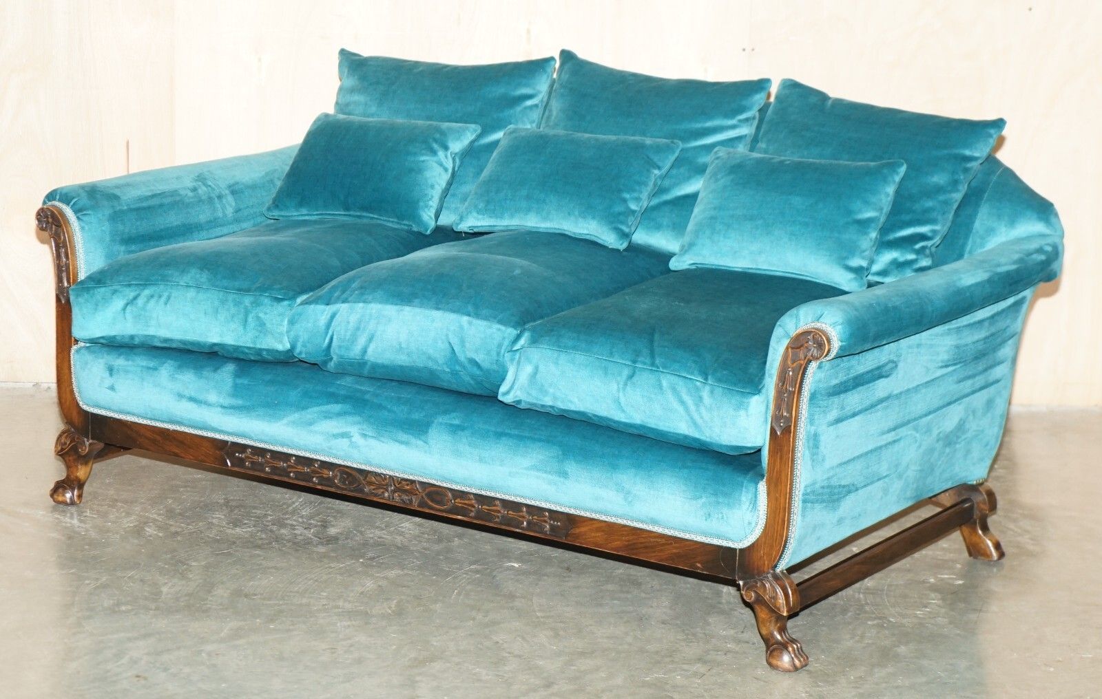 Restored Antique Circa 1900 Blue Velvet Claw & Ball Feet Sofa & Armchair Suite photo furniture