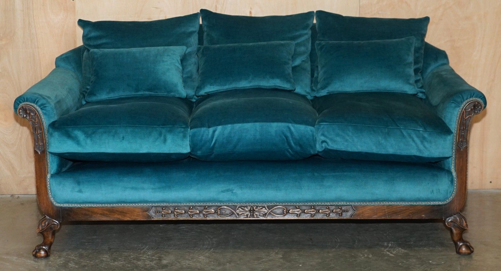 Restored Antique Circa 1900 Blue Velvet Claw & Ball Feet Sofa & Armchair Suite photo for sale