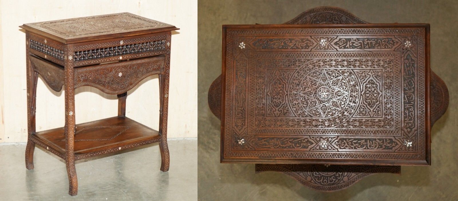 Antique Moroccan Hand Carved Liberty's London Mother Of Pearl Silver Tea Table