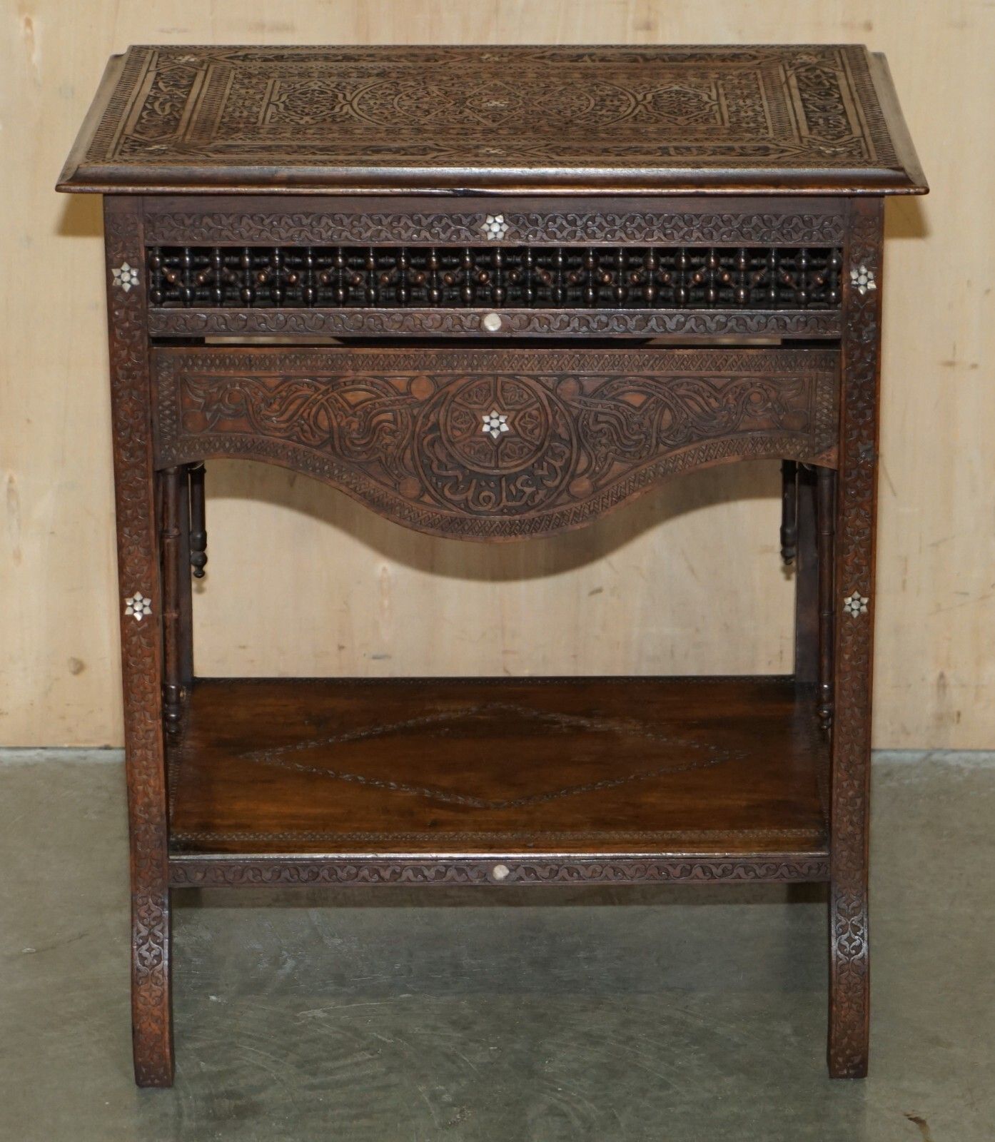 Antique Moroccan Hand Carved Liberty's London Mother Of Pearl Silver Tea Table photo for sale