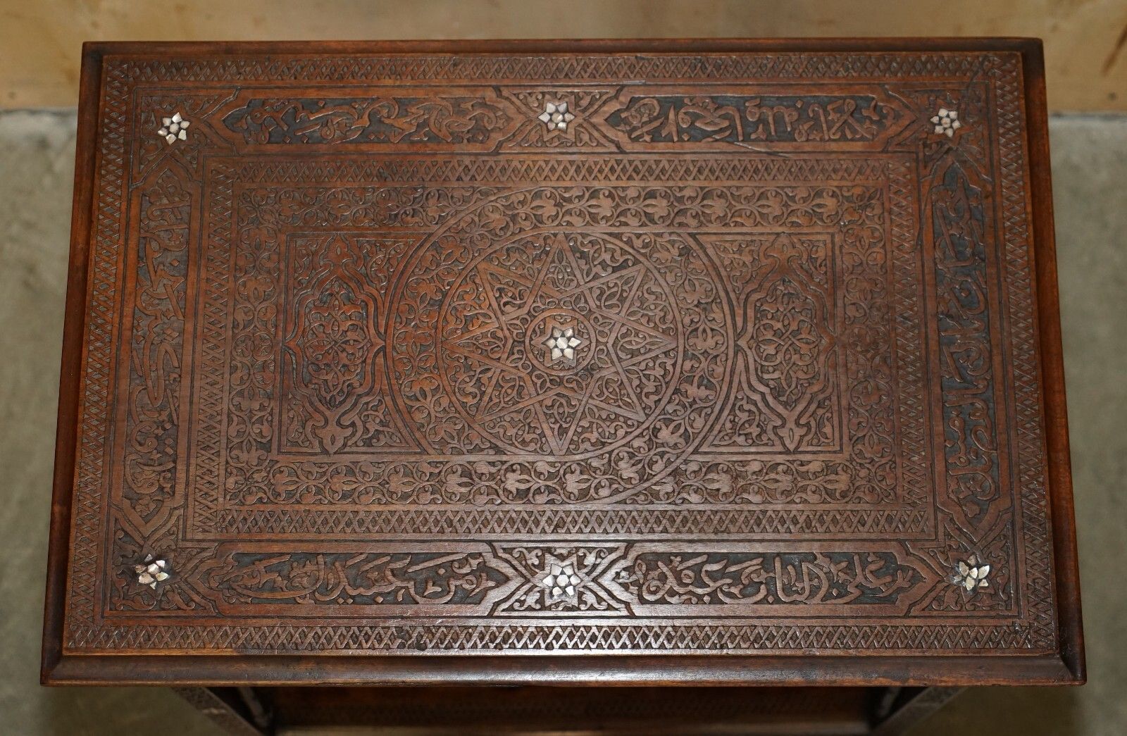 Antique Moroccan Hand Carved Liberty's London Mother Of Pearl Silver Tea Table photo vinterior