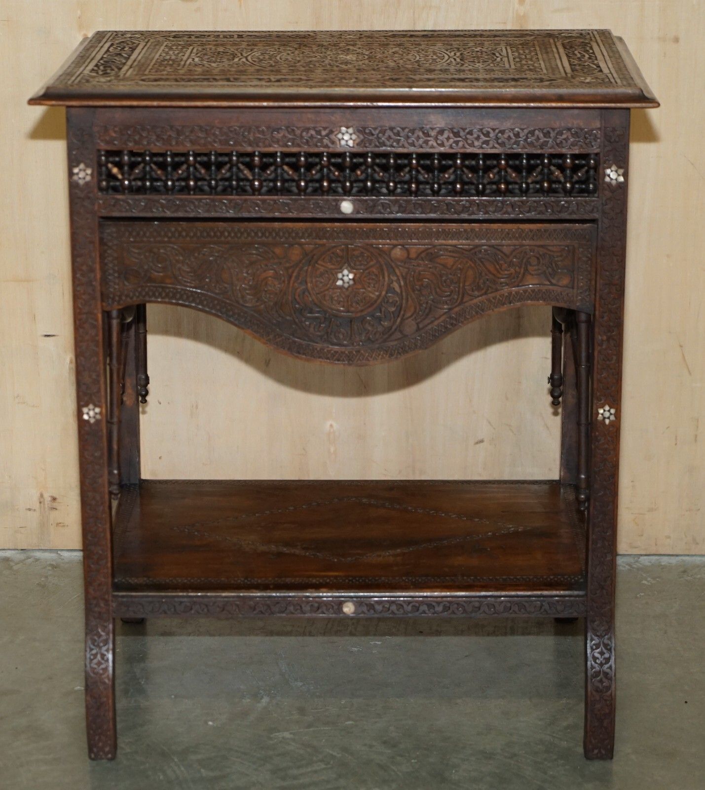 photo vintage Antique Moroccan Hand Carved Liberty's London Mother Of Pearl Silver Tea Table