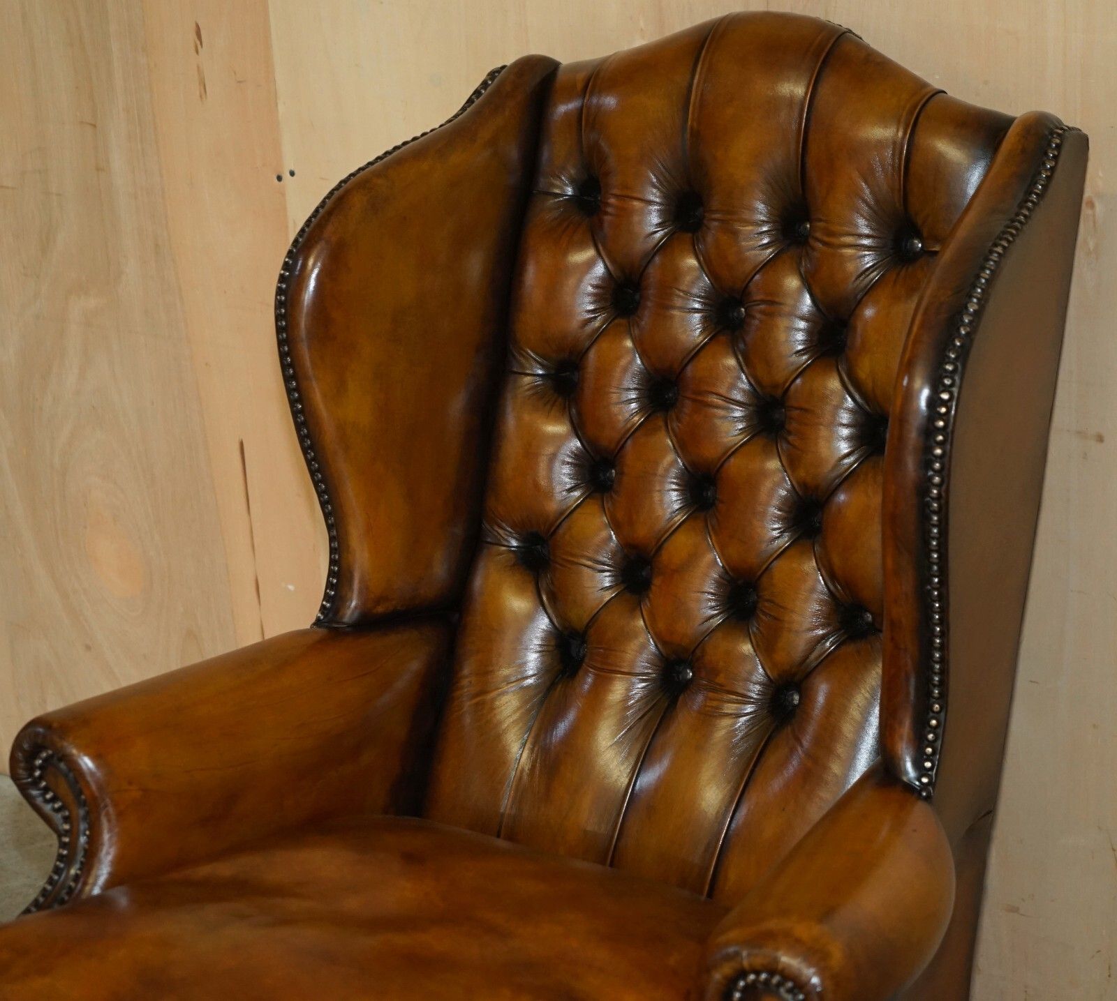 Fine Restored William Morris Chesterfield Tufted Wingback Brown Leather Armchair photo for sale