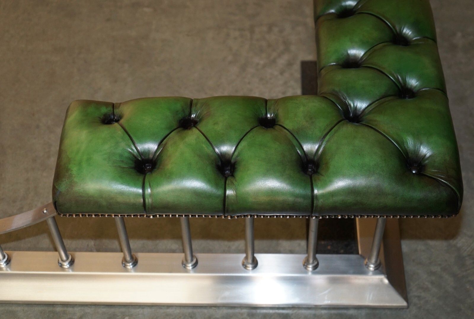 Large 188cm Wide Vintage Chromed Regency Green Leather Chesterfield Club Fender photo vinterior