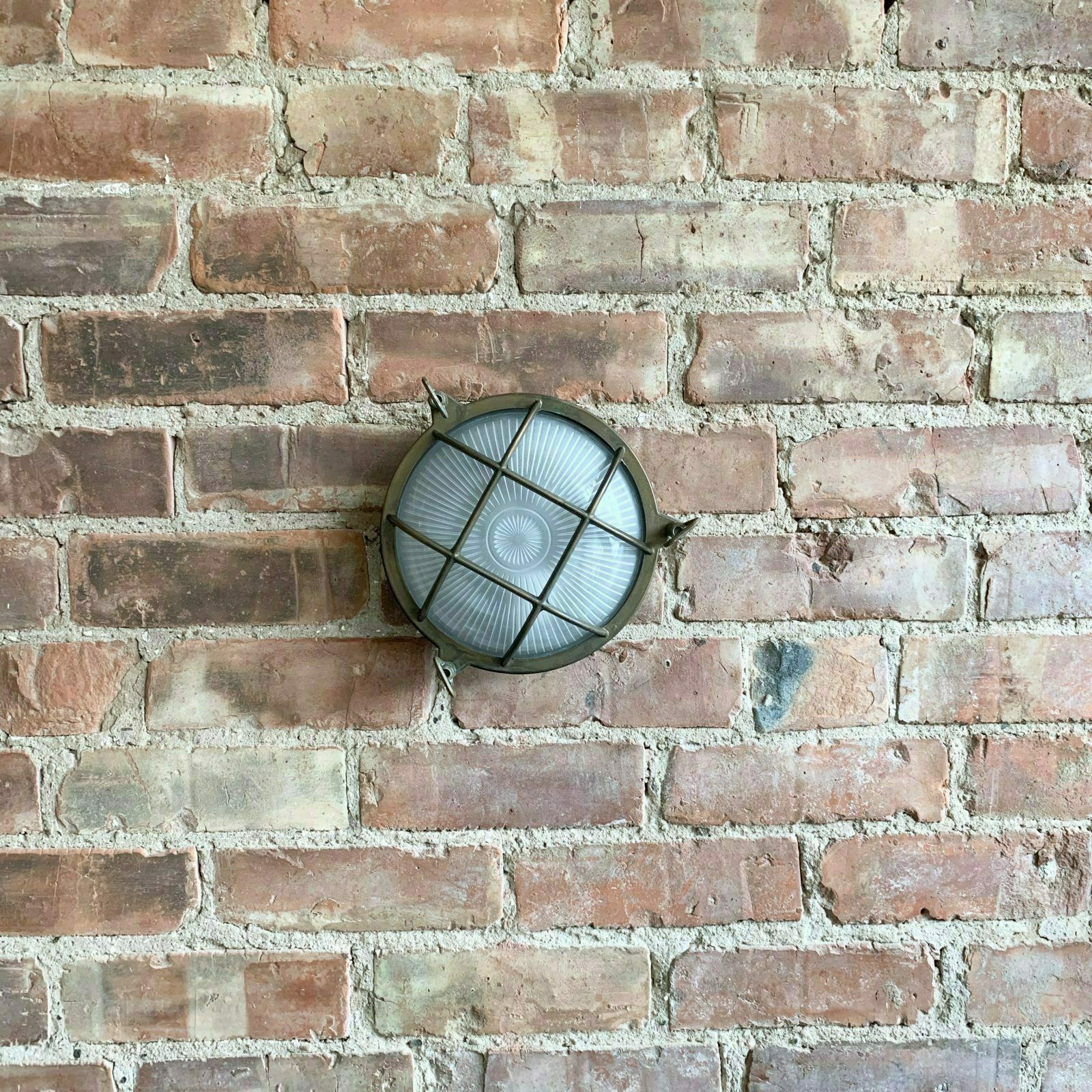Contemporary Large Aged Brass Round Bulk Head Wall Light