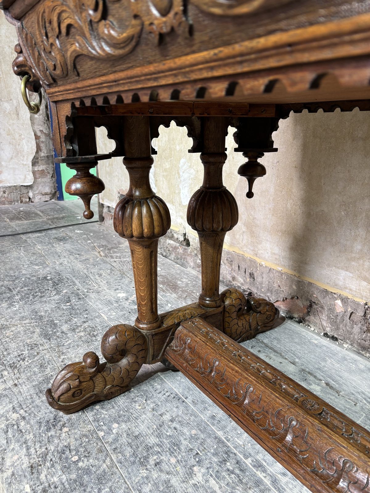Flemish Carved Oak Dolphin And Lion Table photo Furniture