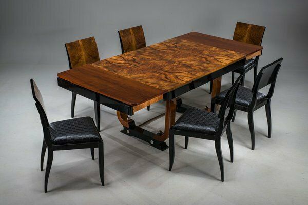 Art Deco French Walnut & Burl Dining Set, 1930s, Set Of 7
