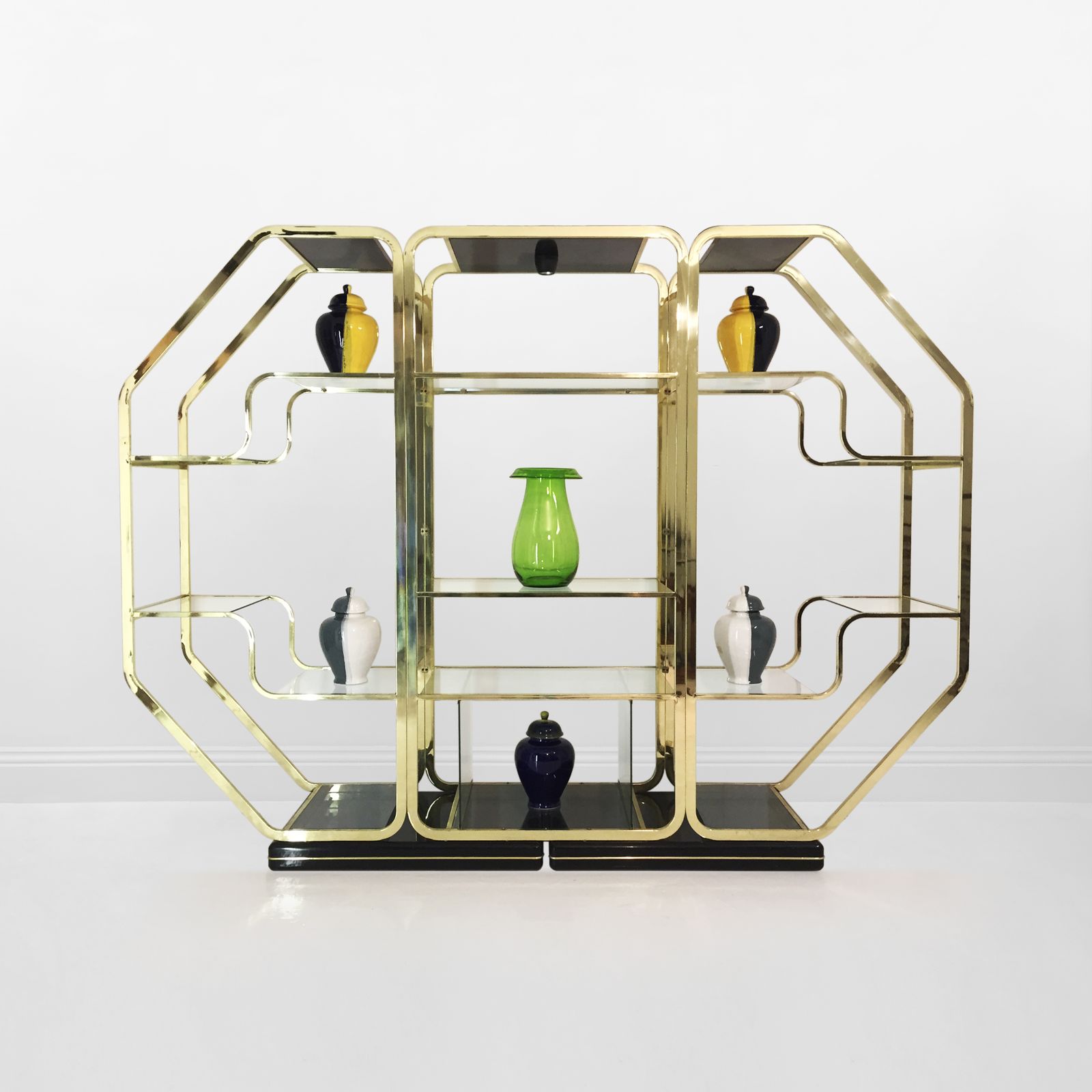 Romeo Rega Manner Brass Glass Octagonal Etagere Hollywood Regency 70s Midcentury Black Lacquered photo for sale