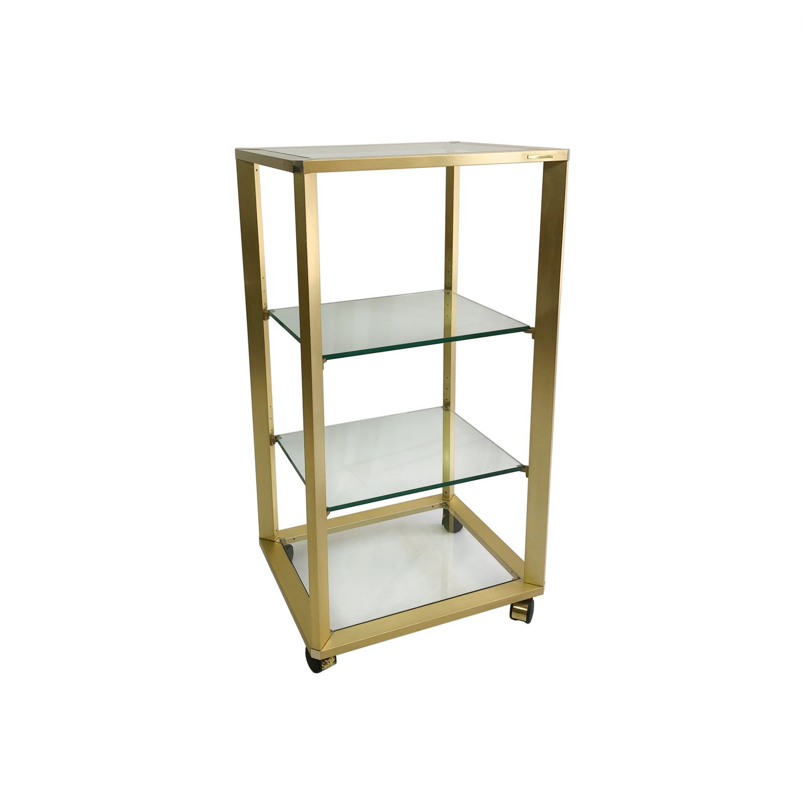 Pierre Vandel Gold Glass Etagere On Wheels 1970s Mid Century Hollywood Regency Shelving Trolley Drinks Cart photo vintage