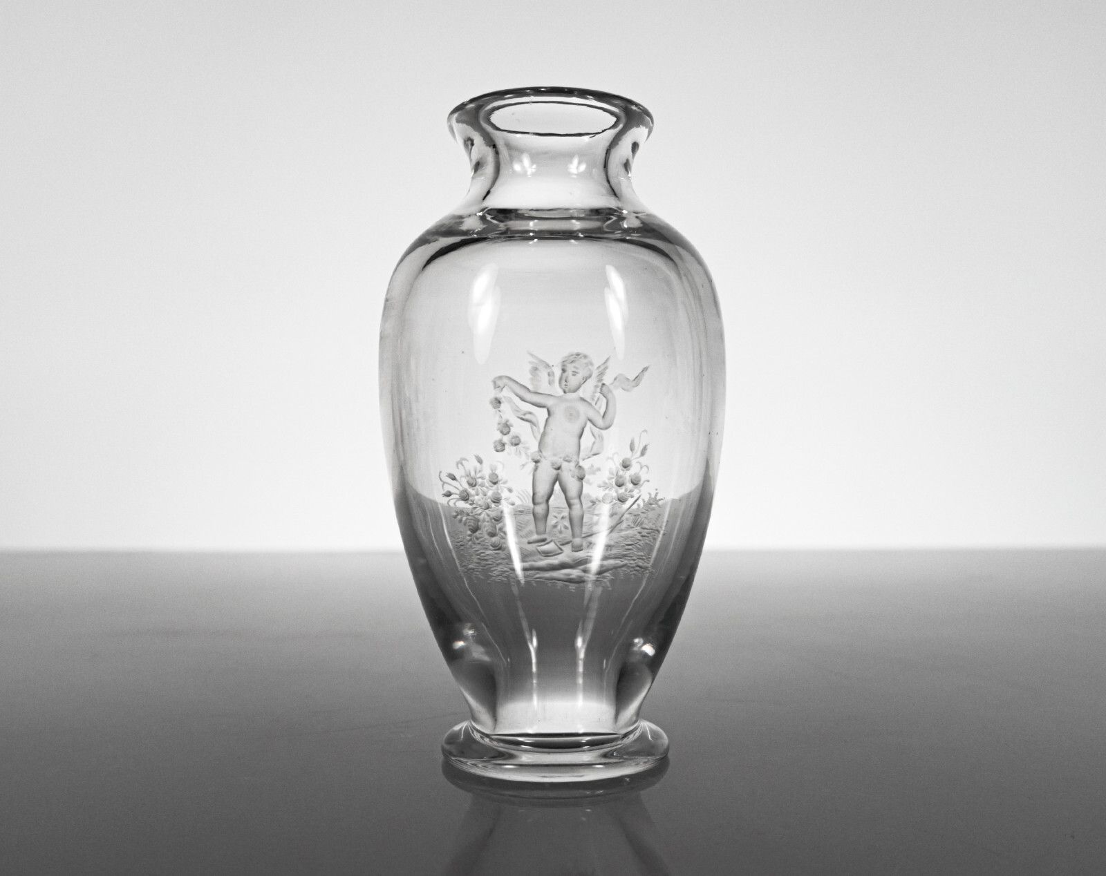 French 19th Century Eugene Michel Miniature Intaglio Carved Glass Vase With Cherub Gardening Scene photo Home Decor