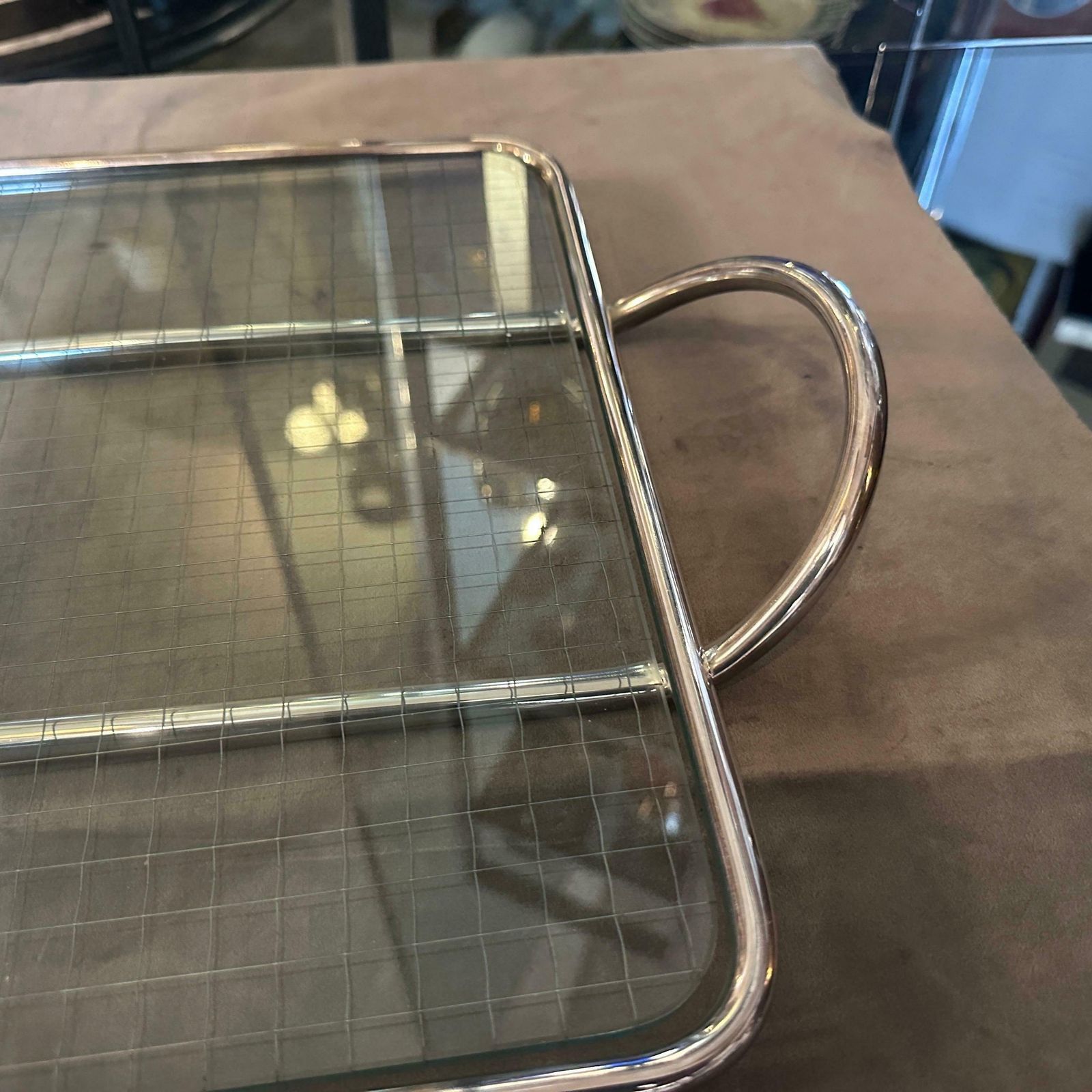 photo furniture 1990s Modern Lino Sabattini Clear Glass And Silver Plated Bar Tray