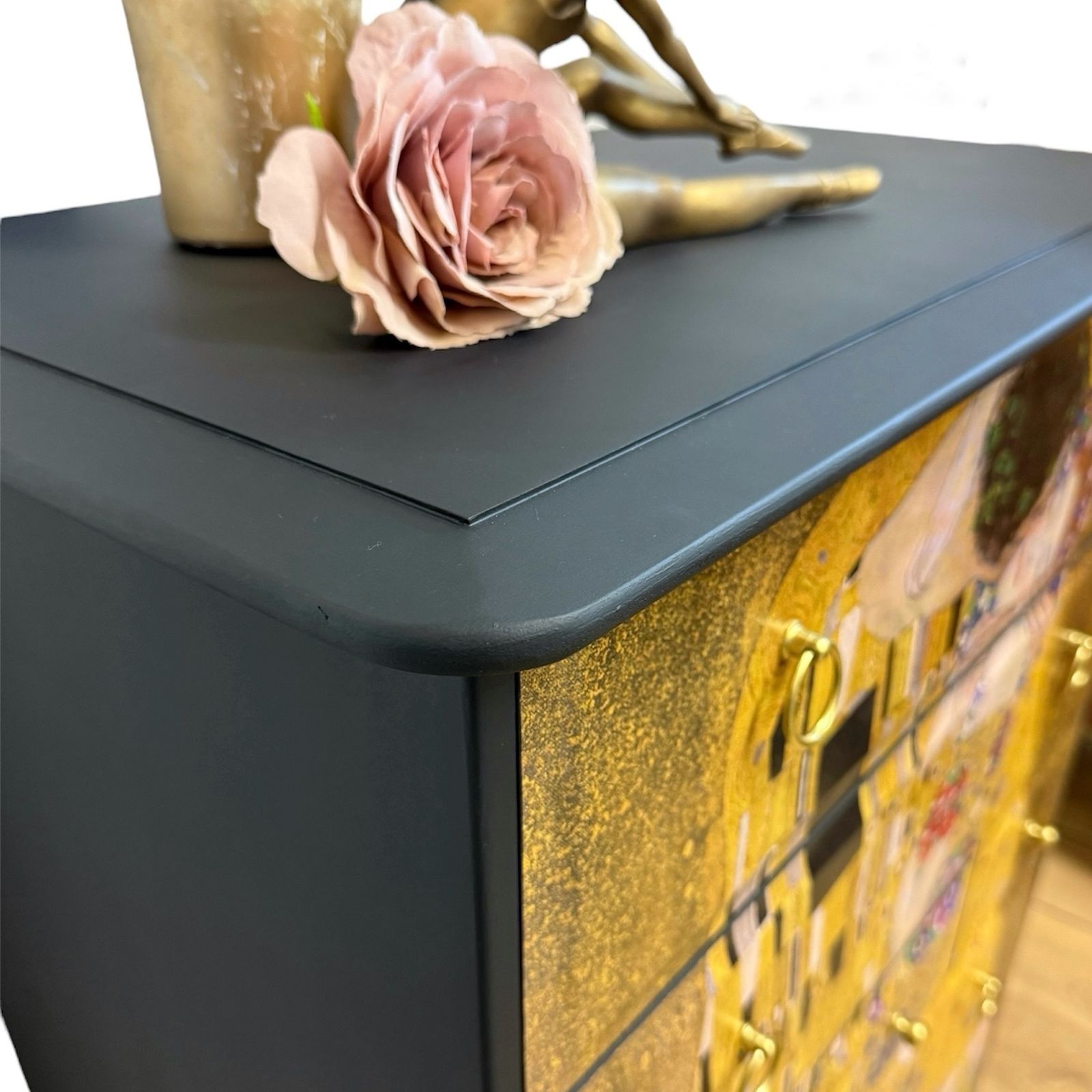 Made To Order Stunning Refinished Stag Minstrel Tallboy Chest Of Drawers, Black With Gustav Klimt The Kiss Design, Vintage Sideboard, Dresser, Bedroom photo Furniture