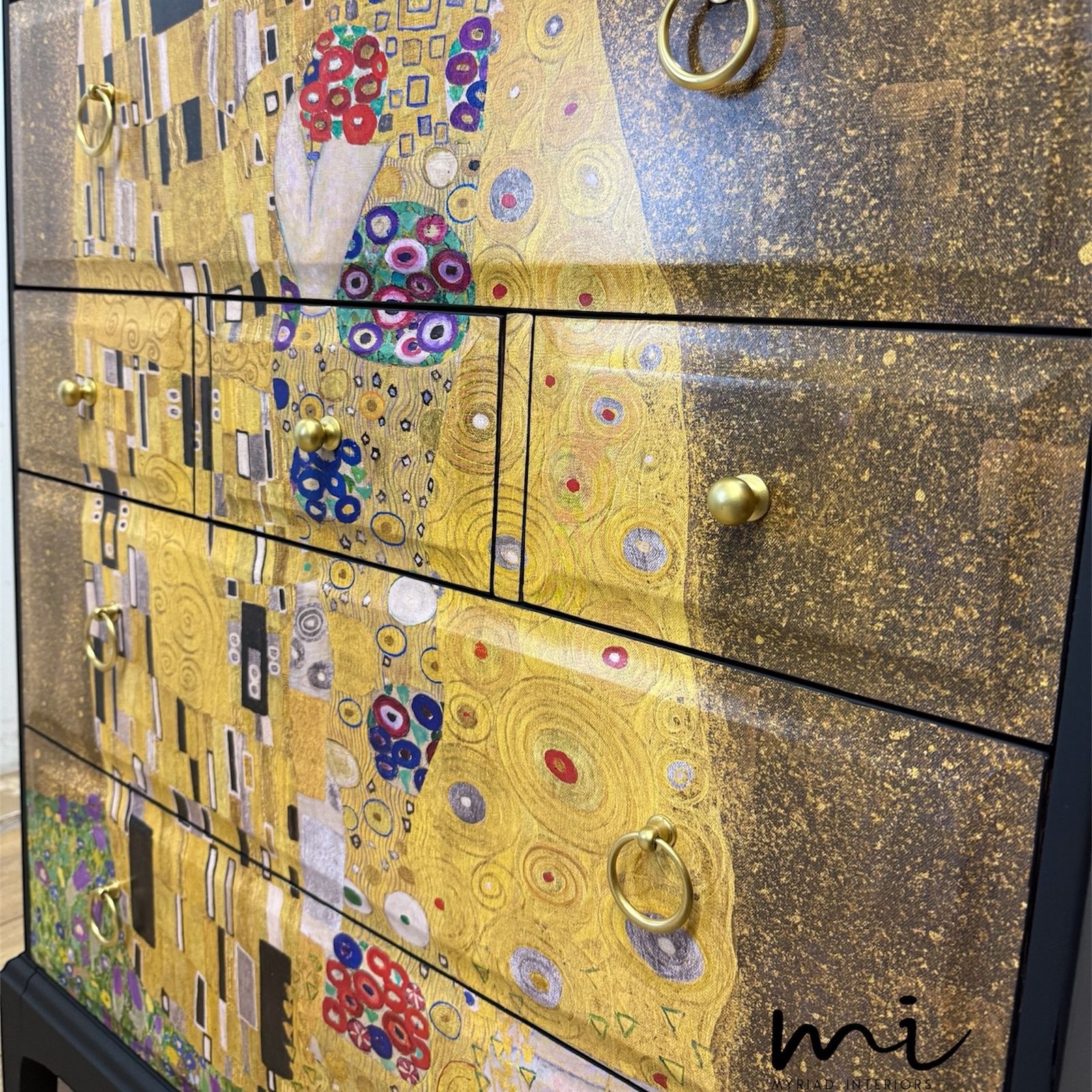 Made To Order Stunning Refinished Stag Minstrel Tallboy Chest Of Drawers, Black With Gustav Klimt The Kiss Design, Vintage Sideboard, Dresser, Bedroom photo 745.0