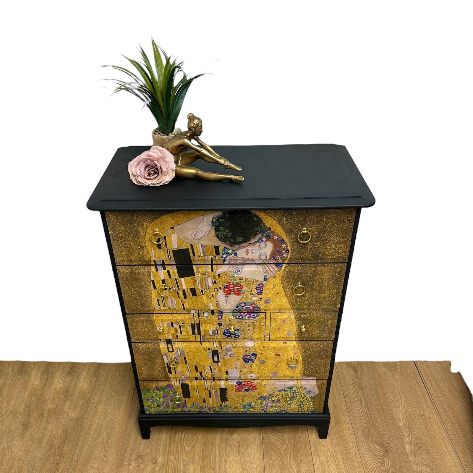Made To Order Stunning Refinished Stag Minstrel Tallboy Chest Of Drawers, Black With Gustav Klimt The Kiss Design, Vintage Sideboard, Dresser, Bedroom photo vintage