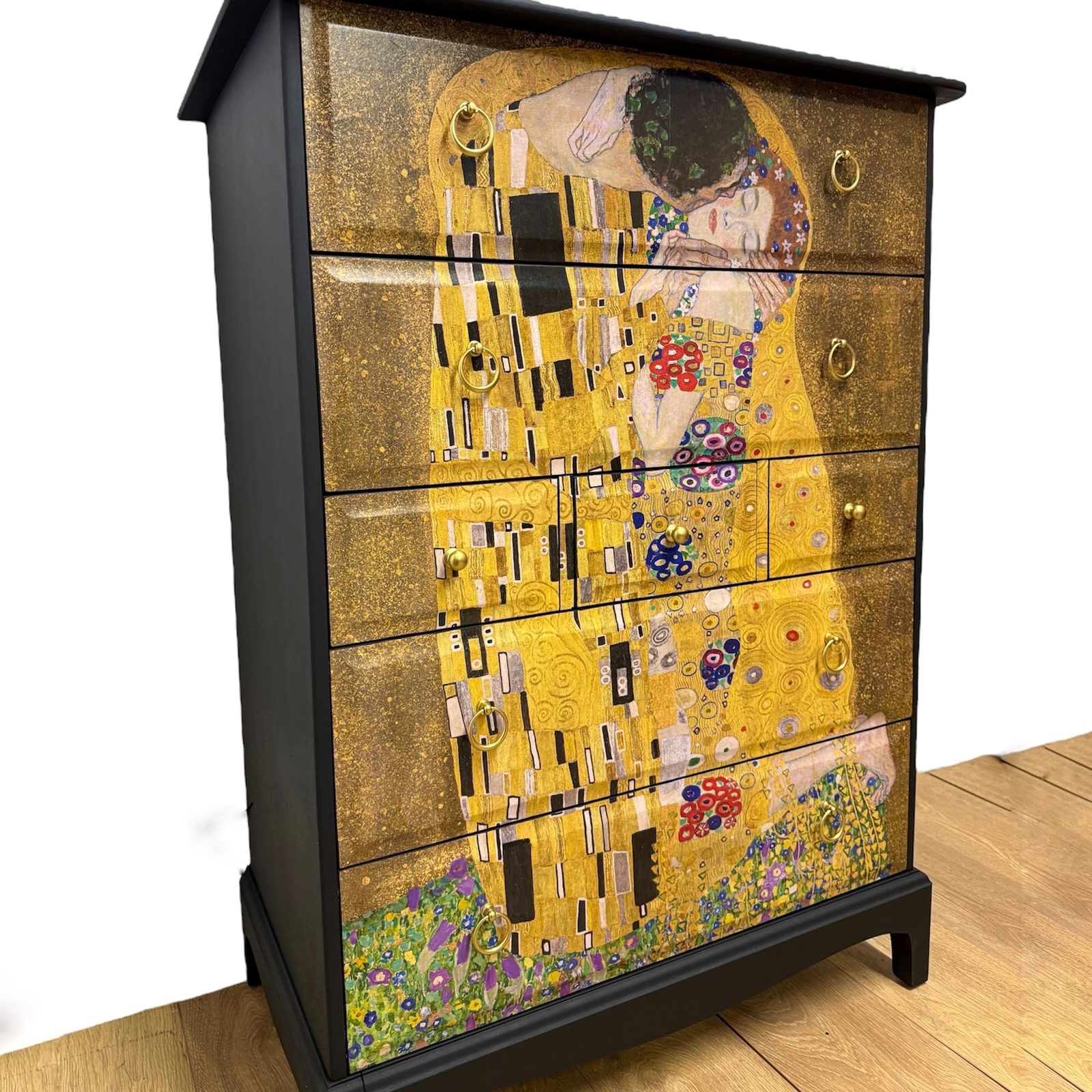 photo furniture Made To Order Stunning Refinished Stag Minstrel Tallboy Chest Of Drawers, Black With Gustav Klimt The Kiss Design, Vintage Sideboard, Dresser, Bedroom