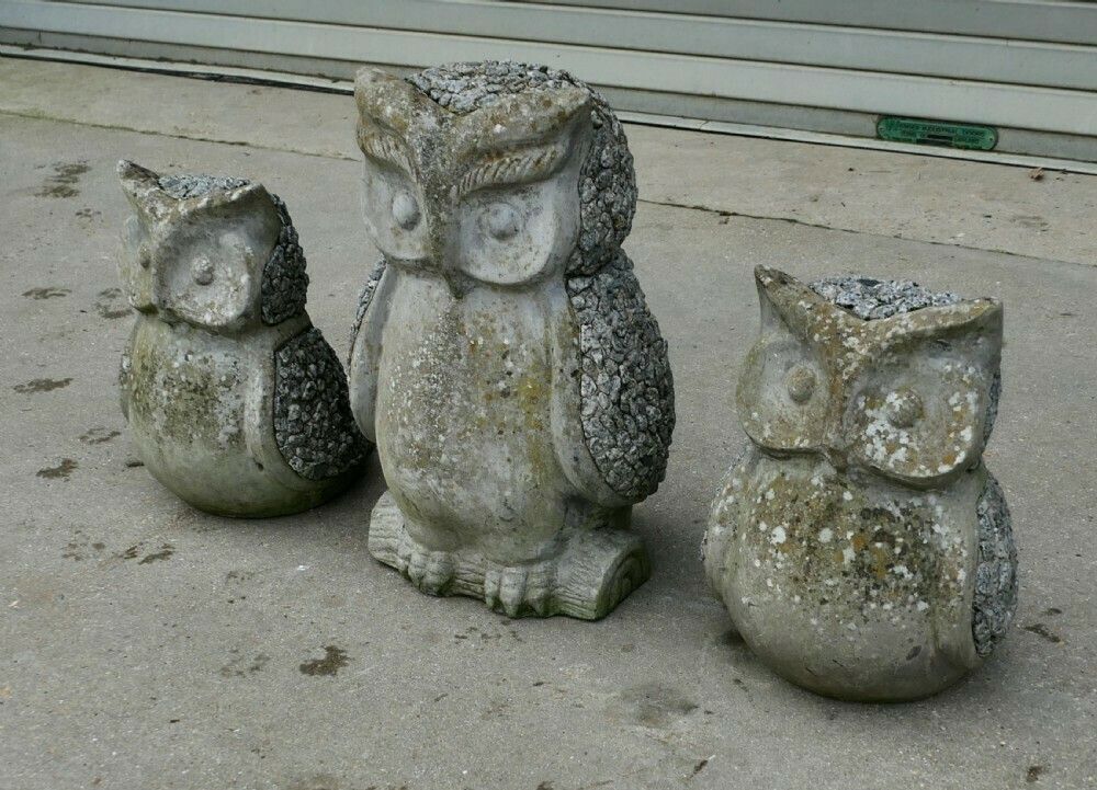 A Family Of 3 Weathered Granite Owls photo Art