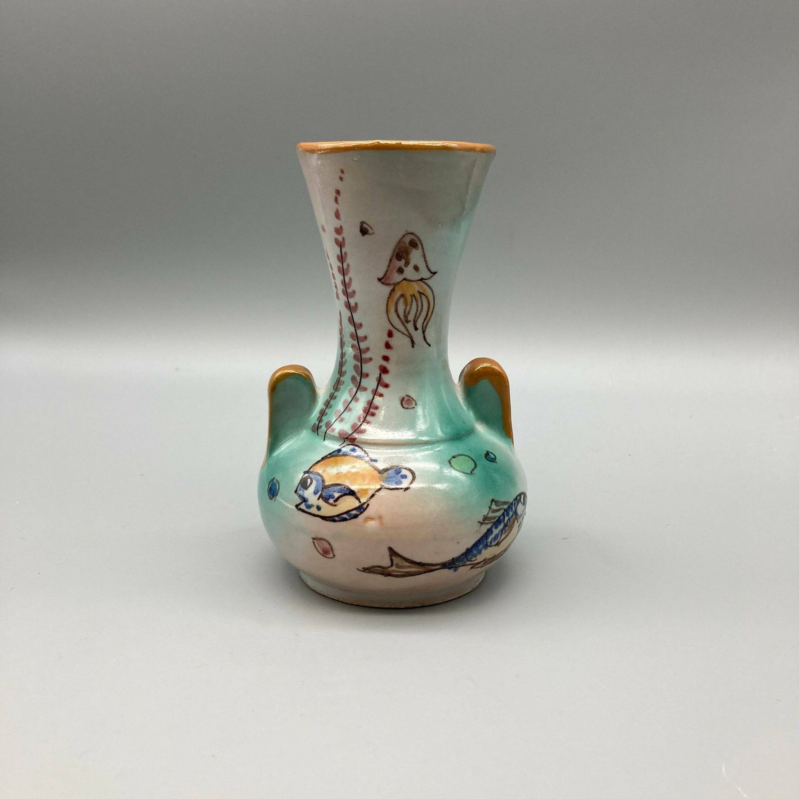 Matteo Di Lieto Italian Studio Pottery Vase 1950s Hand Painted Fish And Sea Life Mid Century Design
