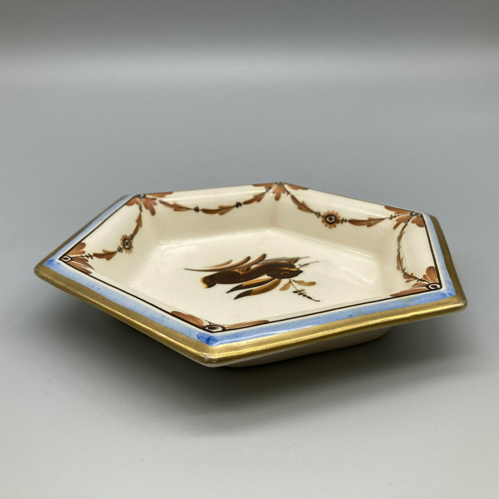 photo for sale Royal Copenhagen Alumina Porcelain Hexagonal Hand Painted Dish Antique Beehive Mark With Hare Rabbit Design Made In Denmark