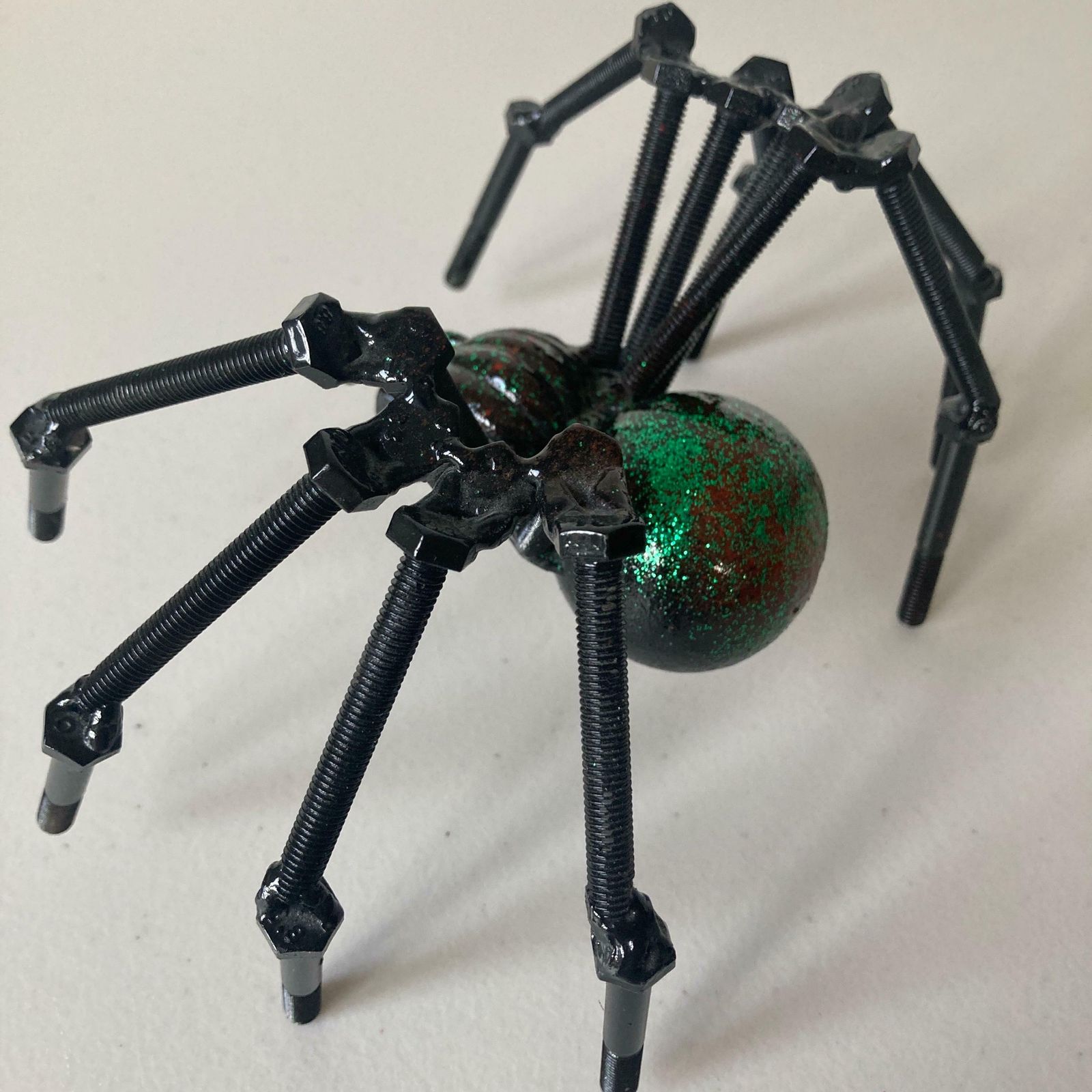 Green And Black Nuts And Bolts Welded Metal Spider Figurine   Unusual Steampunk Style Ornament photo buy