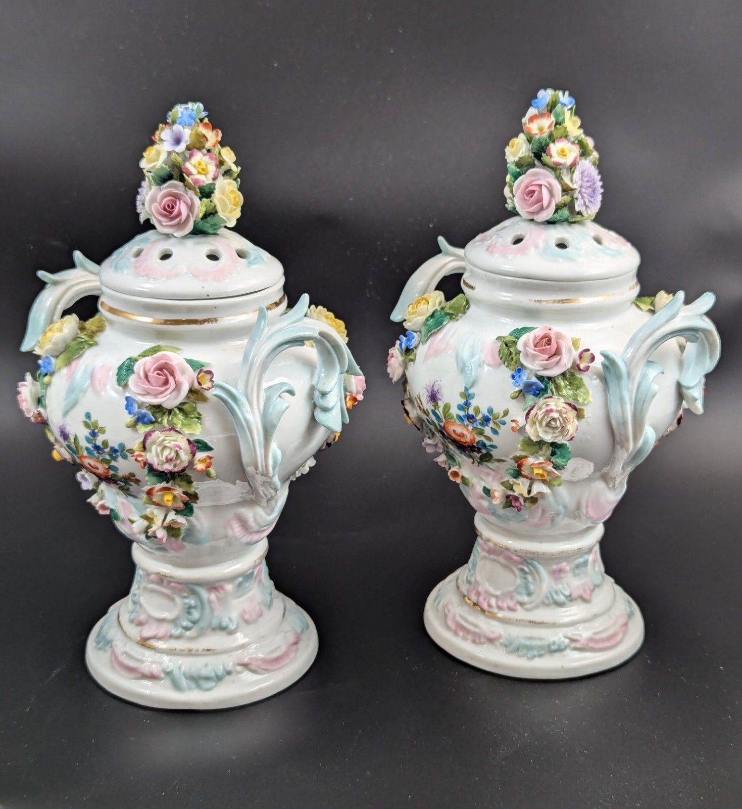 Sitzendorf Porcelain Potpourri Vases, Dresden, C. 1885 photo vinterior