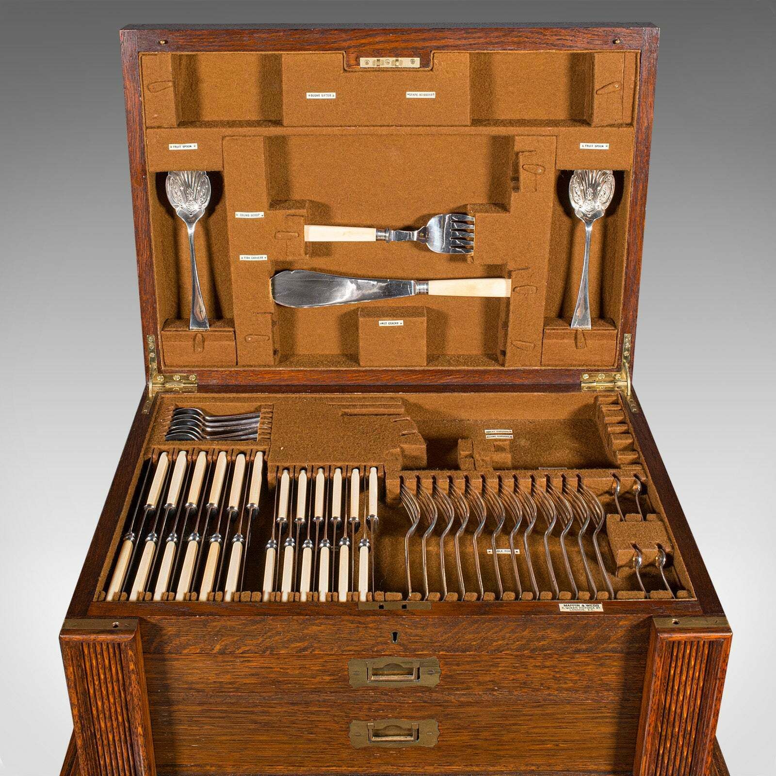 Antique 154pc Canteen On Stand, English, Oak, Mappin & Webb, Cutlery, Edwardian photo vintage