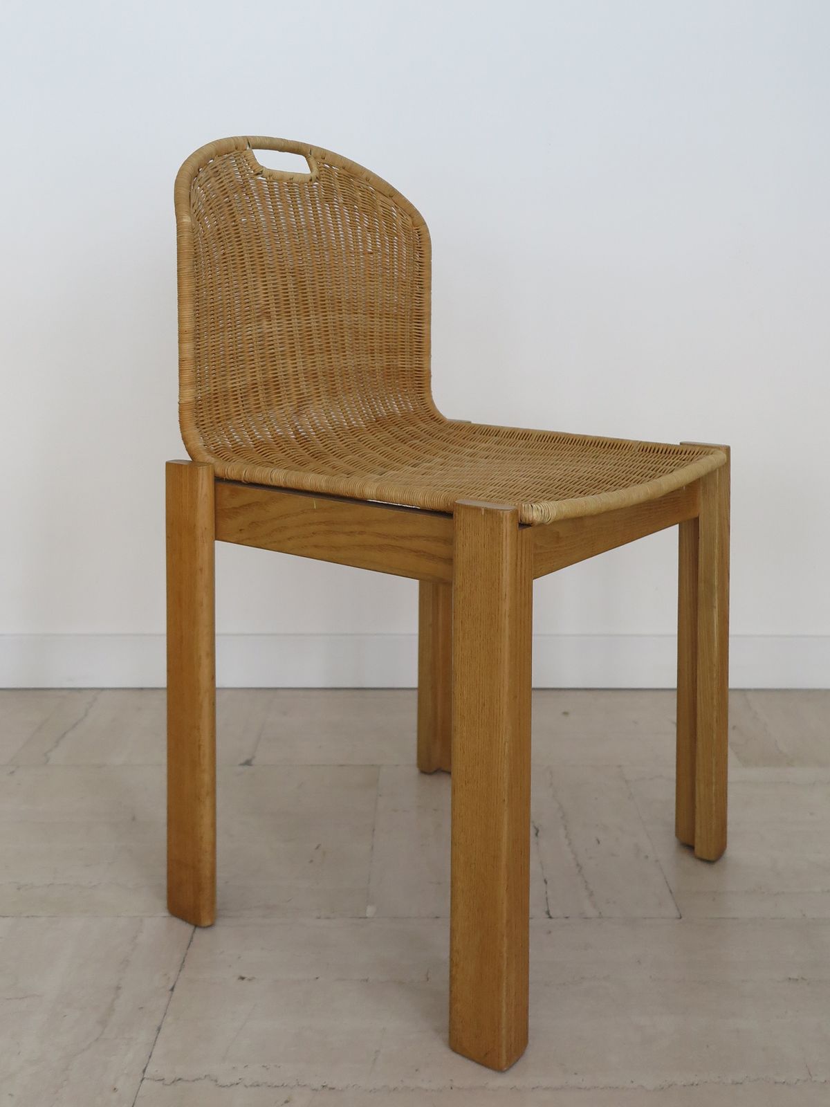 photo vinterior Luciano Bertoncini For Bellato Italian Wood And Wicker Dining Chairs 1970s