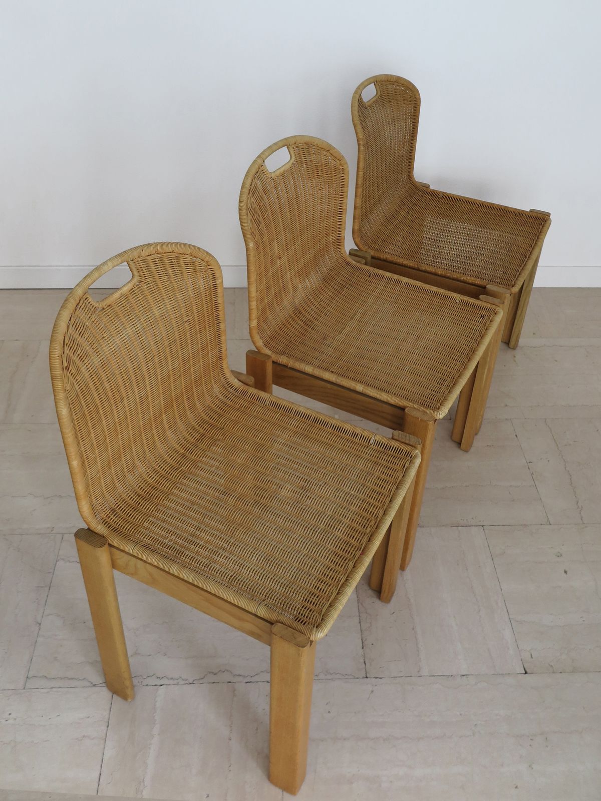 Luciano Bertoncini For Bellato Italian Wood And Wicker Dining Chairs 1970s photo vintage