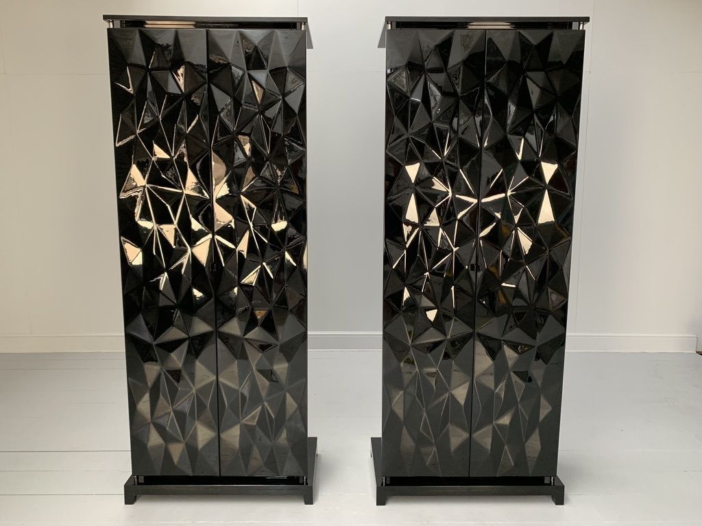 Pair Of Fendi Casa Drinks Bar Cabinets – In Gloss Black & Chrome