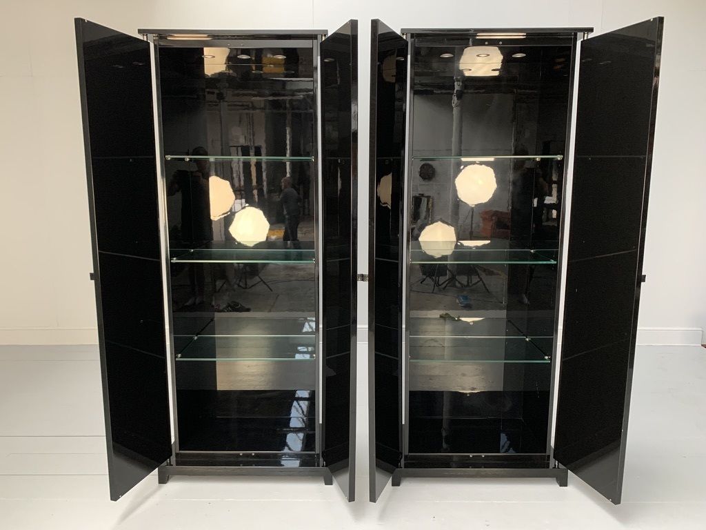 Pair Of Fendi Casa Drinks Bar Cabinets – In Gloss Black & Chrome photo for sale