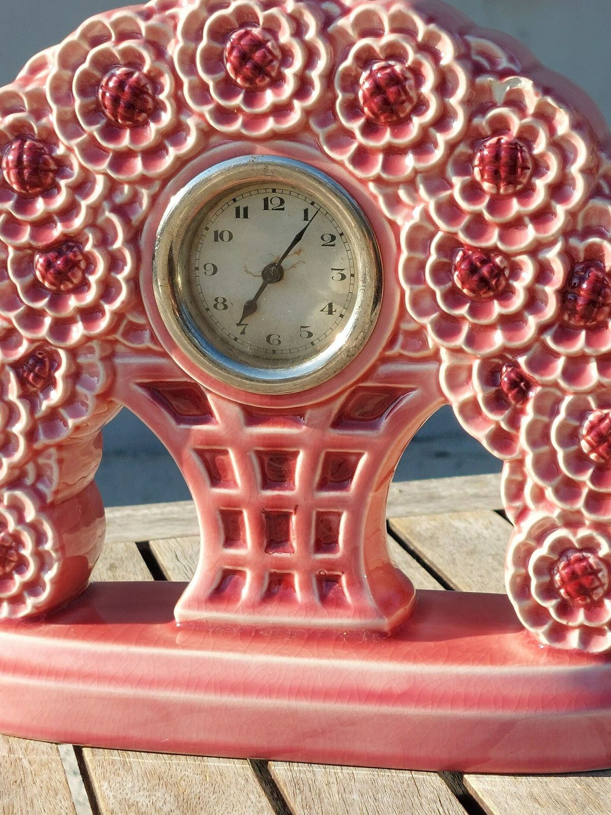 French Art Nouveau / Majolica Floral Dresser Mantel Clock / Esdeve Sarreguemines Mantel Clock / Art Nouveau / France / 1890 1919 photo for sale