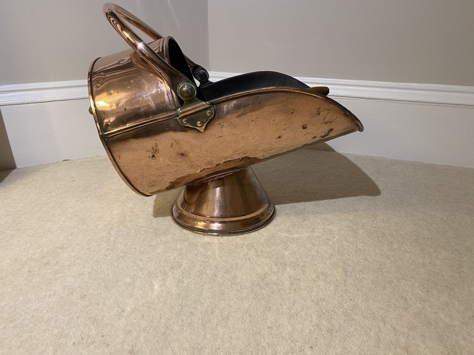 Antique Copper Coal Scuttle With Shovel photo for sale