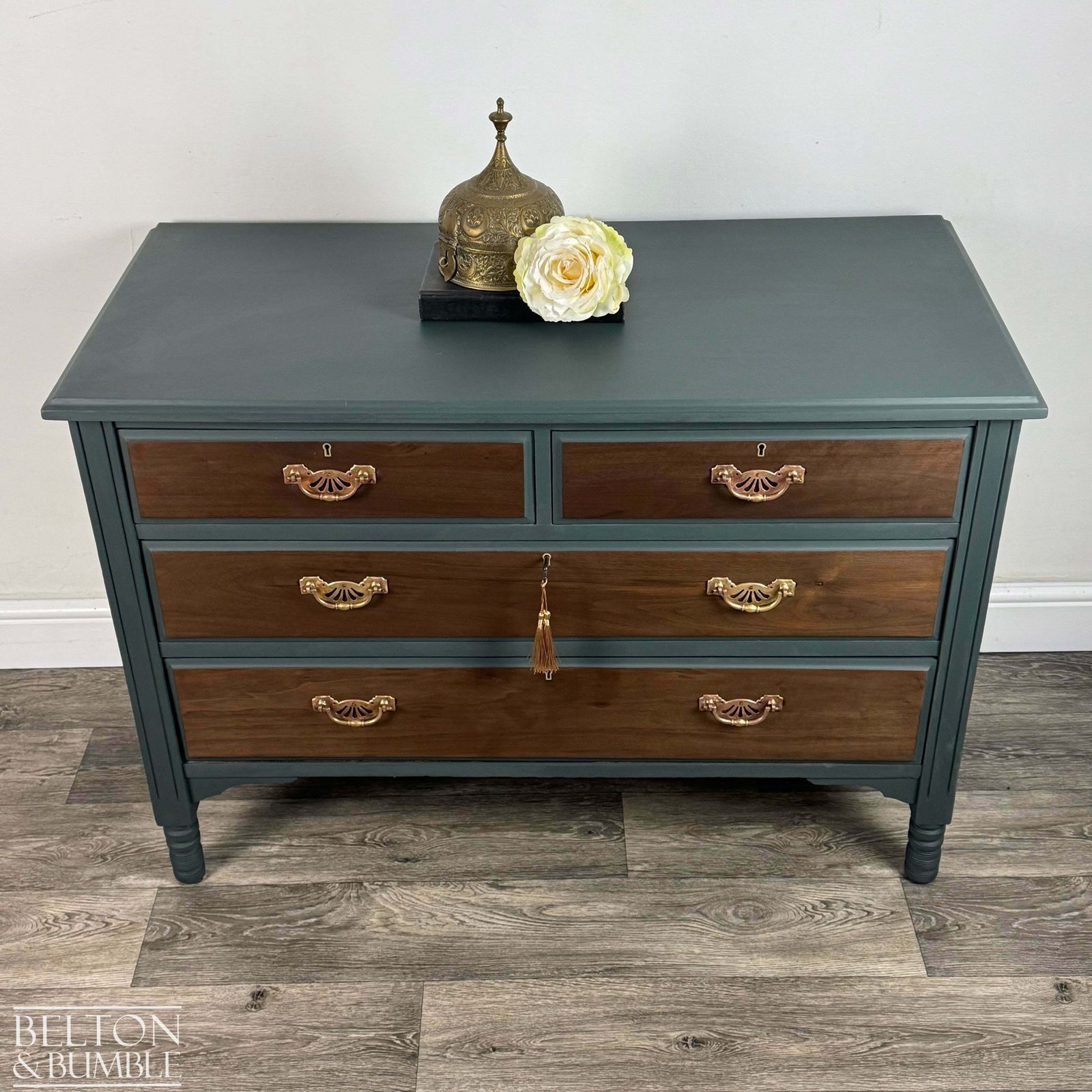 Four Drawer Mahogany & Walnut Chest Of Drawers In Green photo furniture