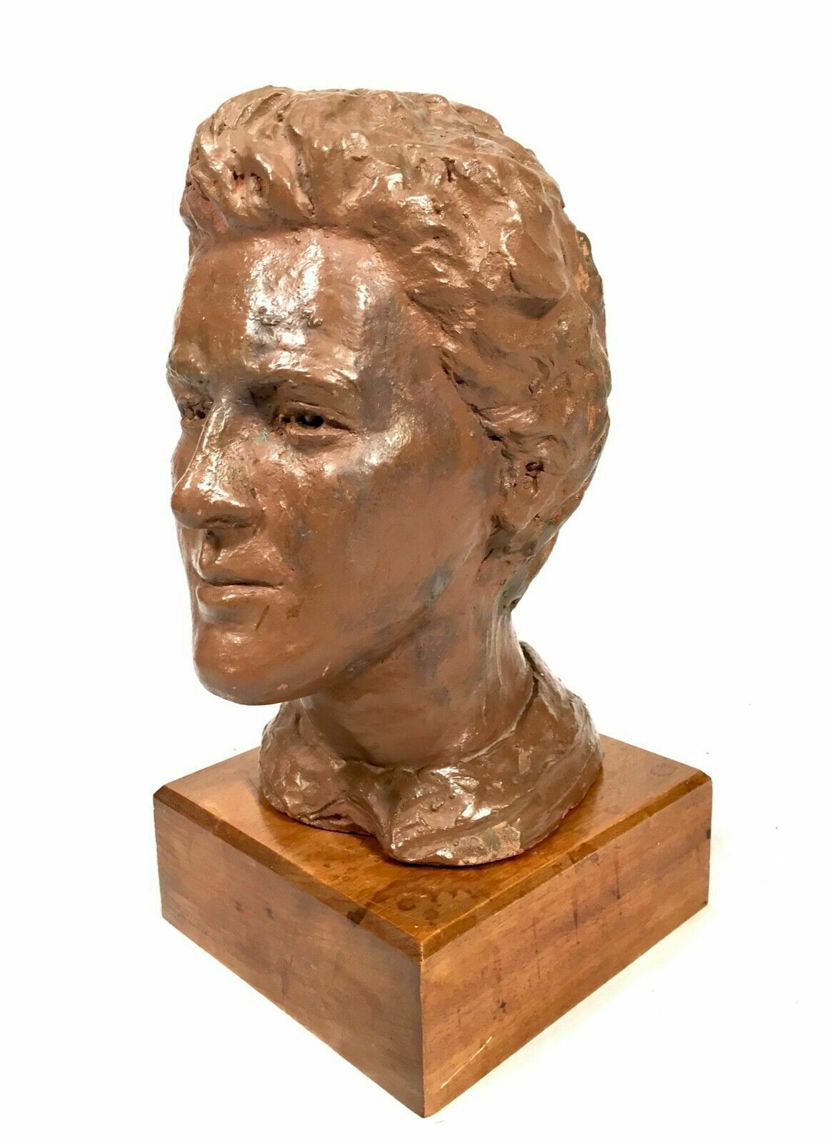 Antique Sculpture 1930s Artists Clay Head On Display Stand With Exhibition Label