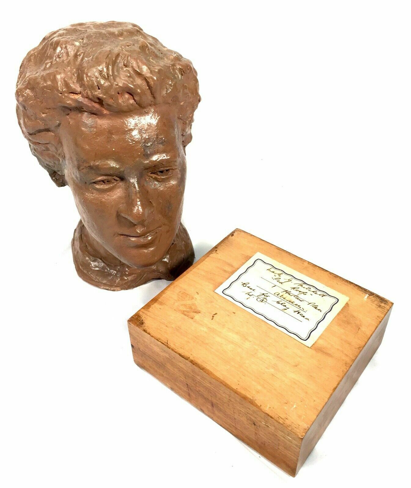 Antique Sculpture 1930s Artists Clay Head On Display Stand With Exhibition Label photo buy
