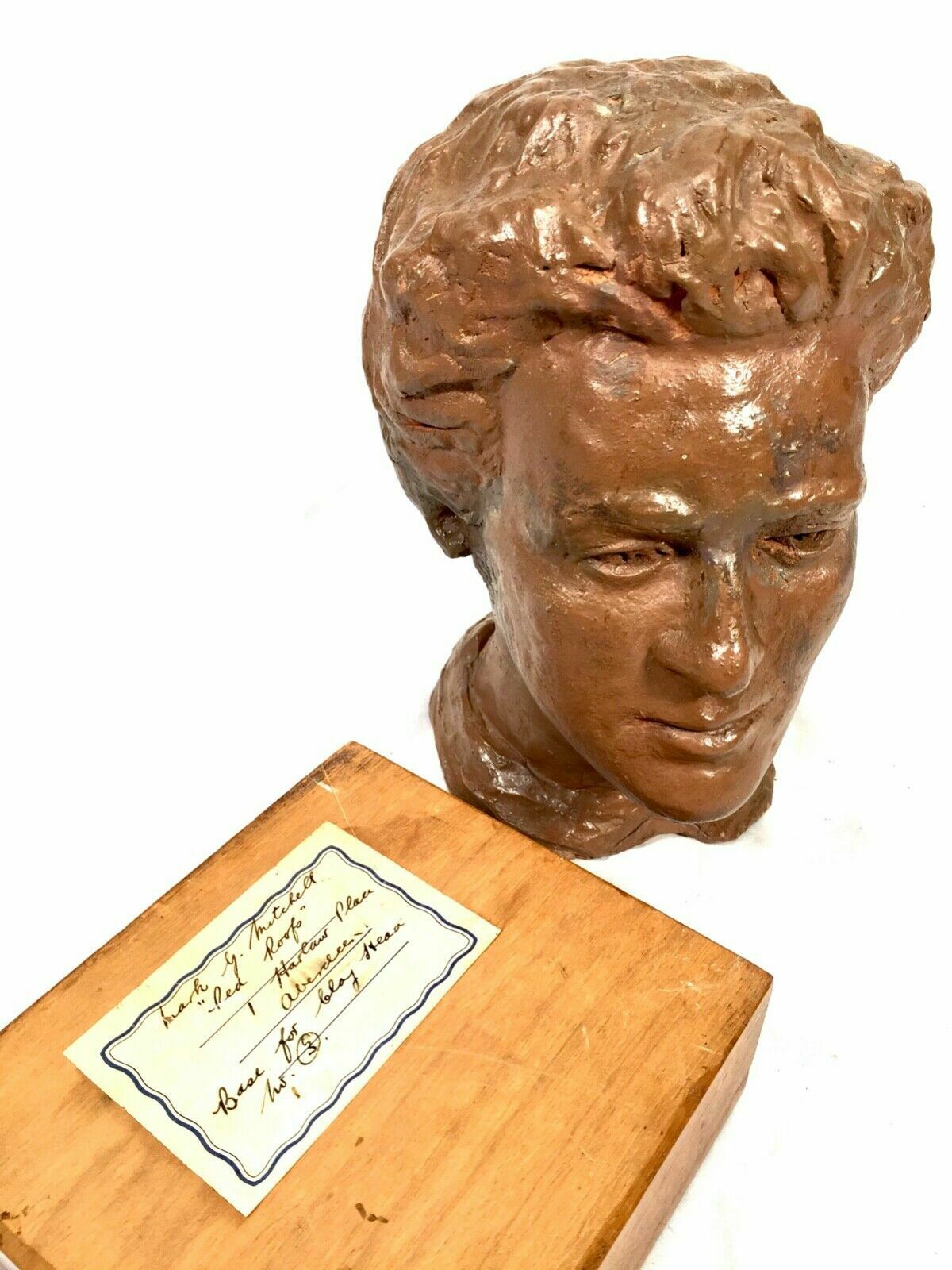 Antique Sculpture 1930s Artists Clay Head On Display Stand With Exhibition Label photo vintage