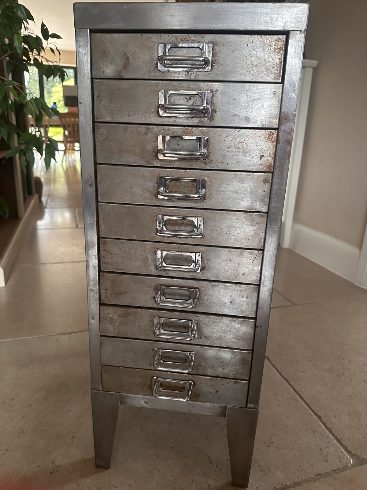 Rare Reclaimed Vintage 1940s Stripped Steel 10 Drawer Filing Cabinet With Chrome Handles photo Furniture
