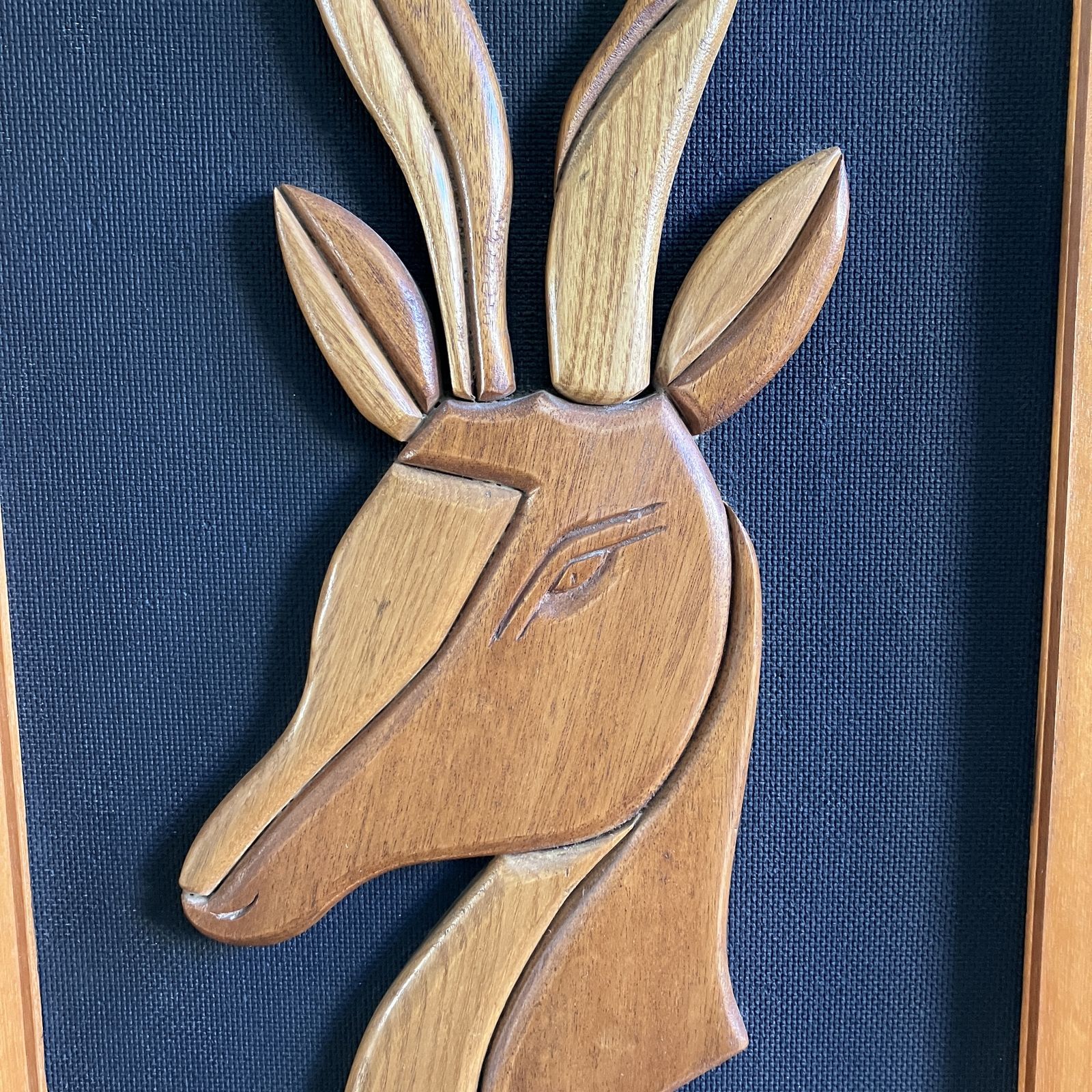 A Mid Century Teak Picture Of A Deer In A Teak Frame On Black Background photo Art