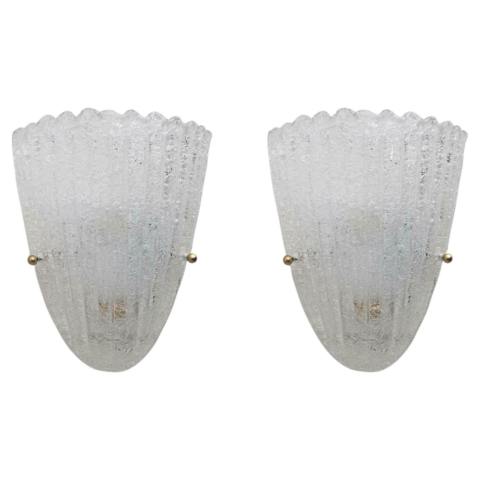 Barovier Style Mid Century Modern Italian Murano Glass Shell Sconces, 60s, Pair.
