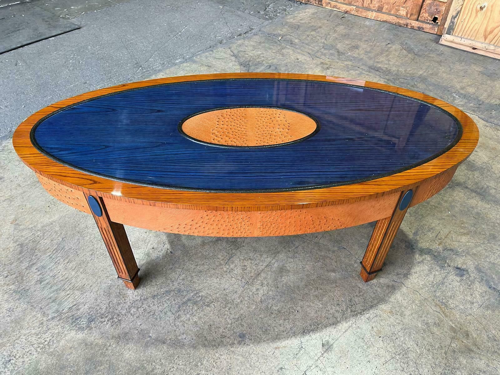 Oval Table With Dyed Blue Top And Oval Insert In Tan Coloured Ostrich Skin