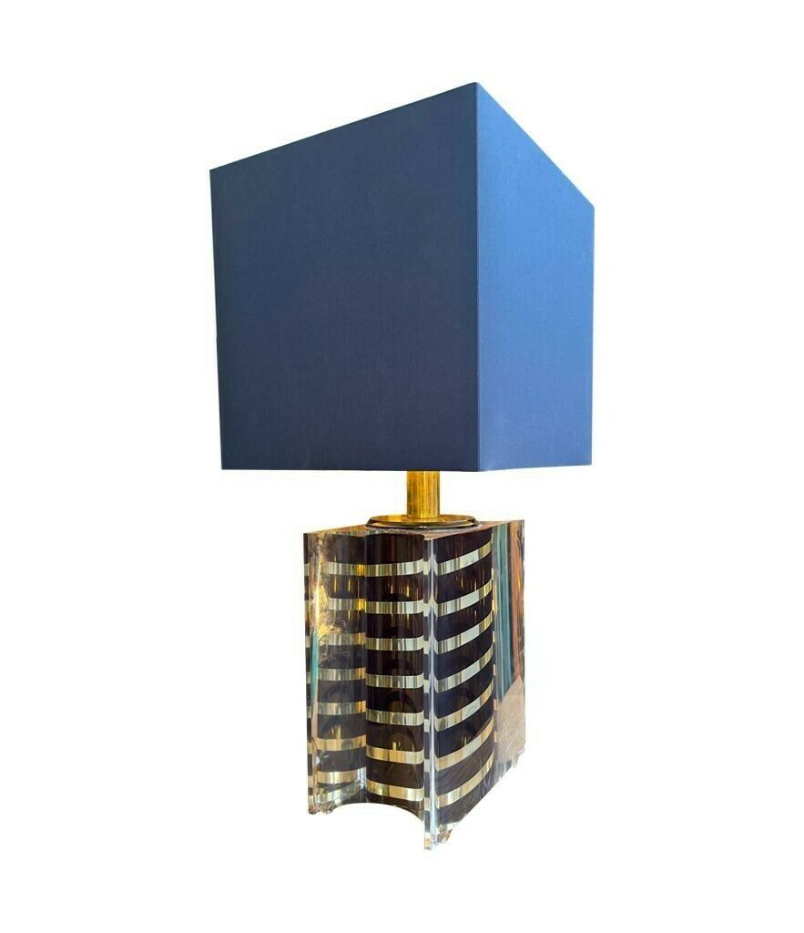 A Large Italian 1970s Romeo Rega Lucite And Brass Lamp With Chocolate And Chrome Stripes photo 2250.0