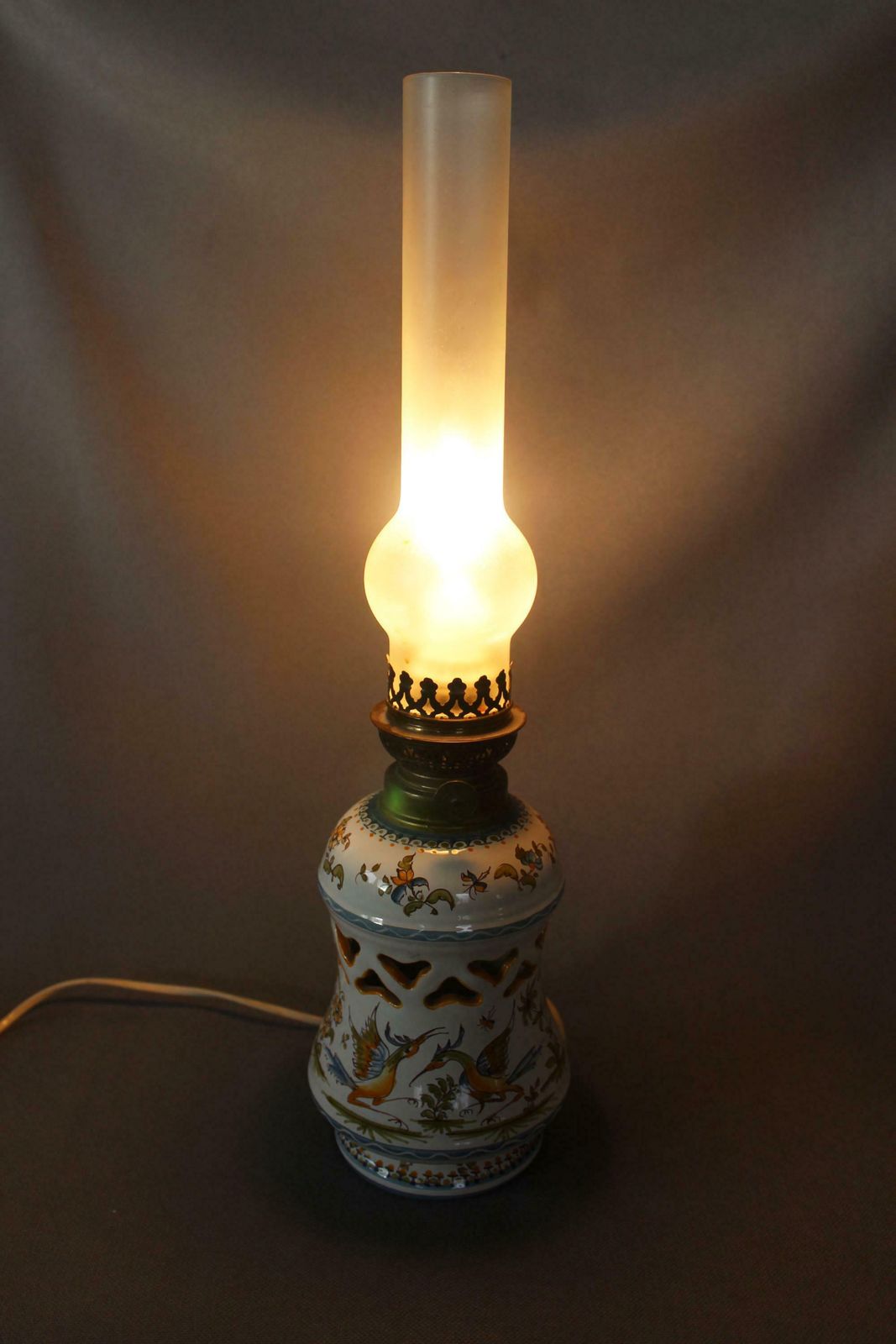 Vintage French Ceramic Converted Oil Lamp To Electric Lamp, Moustiers Vallauris, Handpainted, Desk Lamp, Glass Chimney Tube, Exotic Birds photo for sale