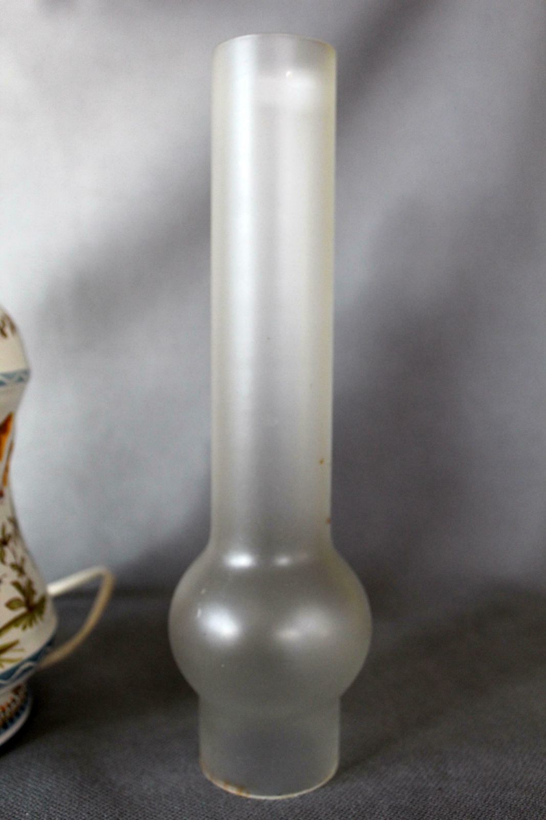 photo for sale Vintage French Ceramic Converted Oil Lamp To Electric Lamp, Moustiers Vallauris, Handpainted, Desk Lamp, Glass Chimney Tube, Exotic Birds