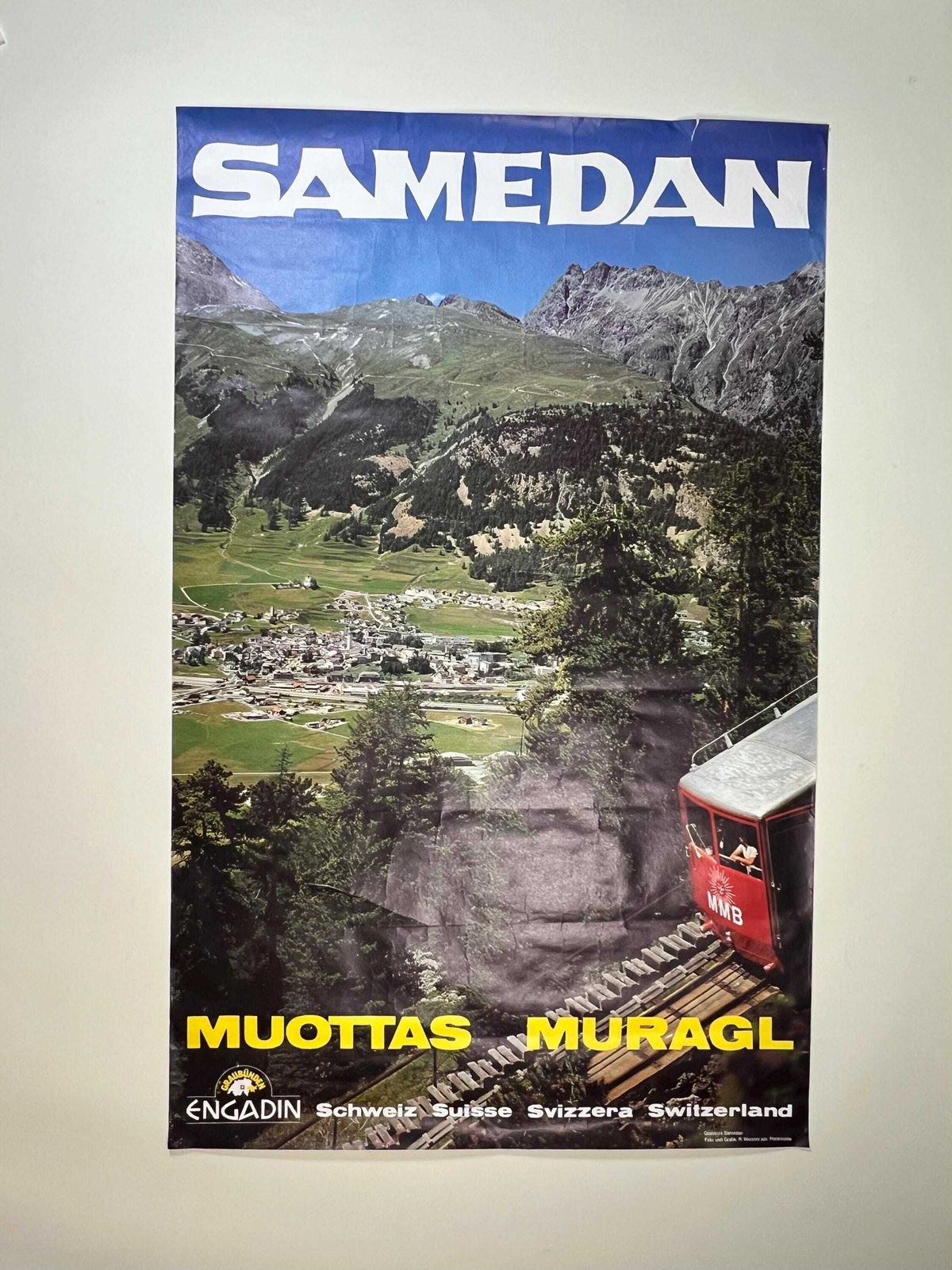 Vintage 1970s Swiss Alps Mountain Poster   Samedan Muottas Muragl Funicular Railway Art   Switzerland Travel Decor   Alpine Decor photo 188.0