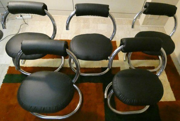 Cobra Chairs In Steel And Black Leather By Giotto Stoppino, 1970s, Set Of 5